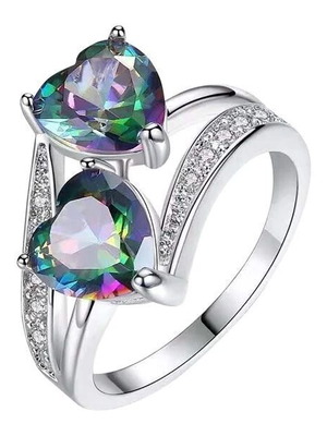 Colorful women's ring with cubic zirconia hearts, new, silver plated