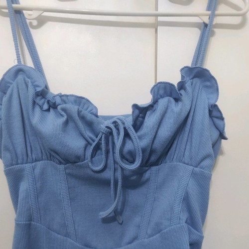 Women's sky blue ribbed dress with side gathers