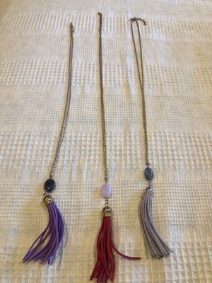 Long necklaces with stones and leather used, purple, red, gray