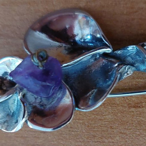 Silver brooch handmade oxidized with amethyst stone