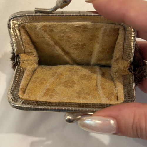 Vintage leather wallet used, natural leather and fur, brown