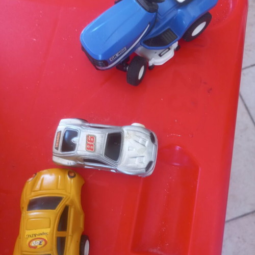 Toy vehicle set used with Playmobil excavator and Fischer Price carriage