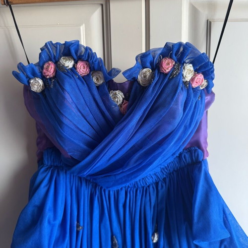 Vintage strapless dress 80s blue with fabric roses size 46 like new