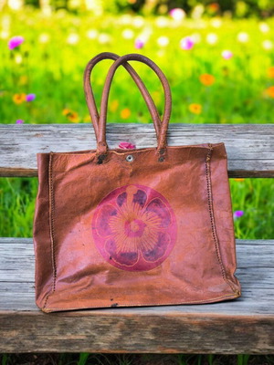 Indian leather vintage shoulder bag used, brown with floral design