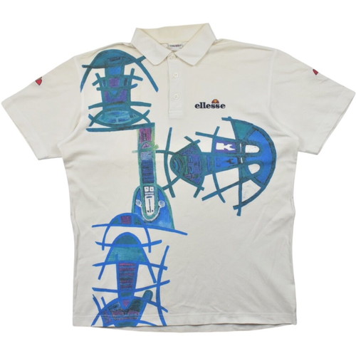 Ellesse vintage art print polo shirt 90s white blue, used, size L