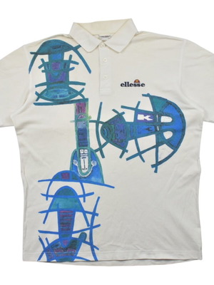 Ellesse vintage art print polo shirt 90s white blue, used, size L