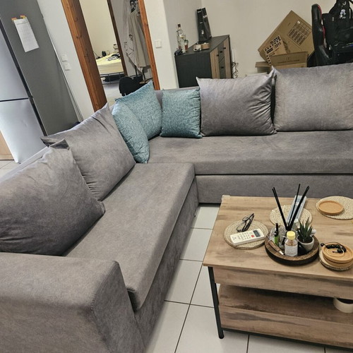Corner sofa 2.20 x 2.20 m, grey with petrol cushions