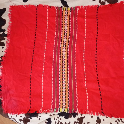 Folk tablecloth used, square soft with traditional Bulgarian motifs and fringes