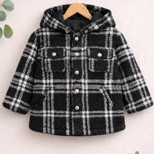 Kids Black Plaid Sherpa Jacket with Hood used