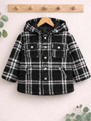Kids Black Plaid Sherpa Jacket with Hood used