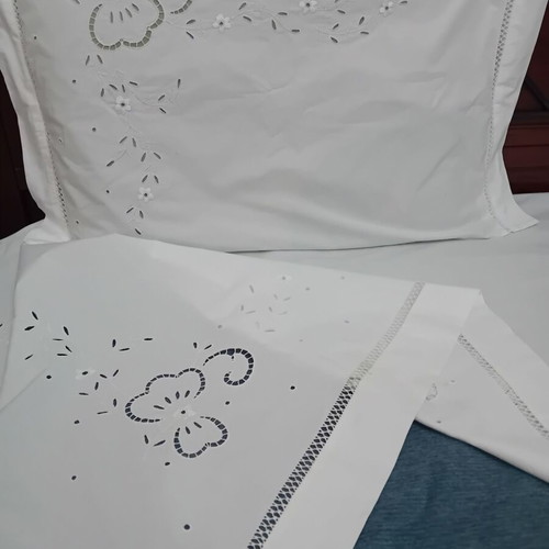 Handmade double cotton cutwork sheet with pillowcases