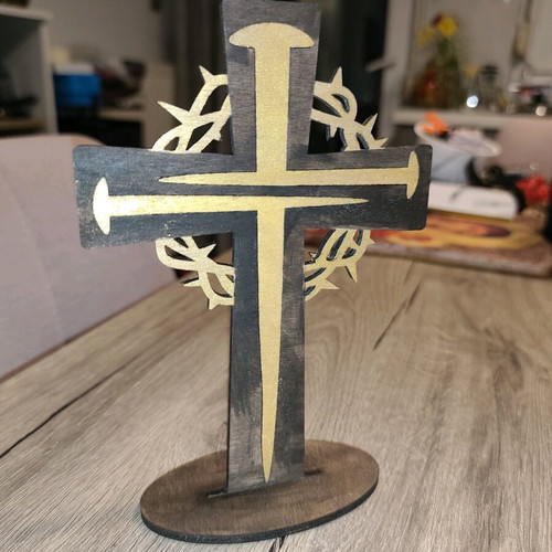Wooden double-sided tabletop cross new with inlay technique