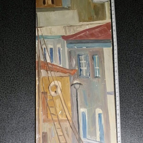 Vintage oil painting with Greek landscape and boat used
