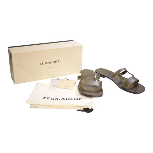 Zeus+Dione leather flat slides sandals used, khaki olive green H-strap IT 41