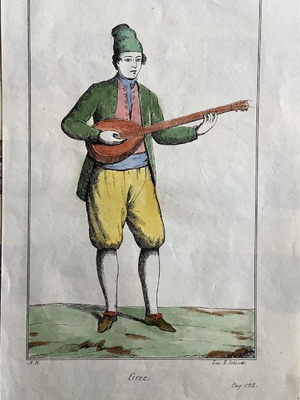 Χαλκογραφία 1802 Έλληνας με λαούτο μεταχειρισμένη, επιχρωματισμένη