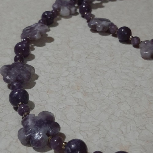 Necklace with rare lepidolite shaped as flowers and round stones, silver 925
