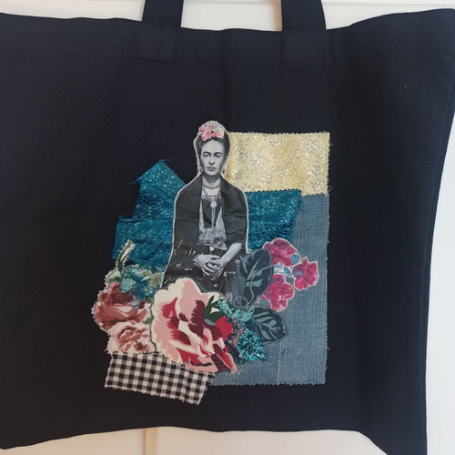 Handmade Frida Kahlo canvas shoulder bag new, black and multicolor