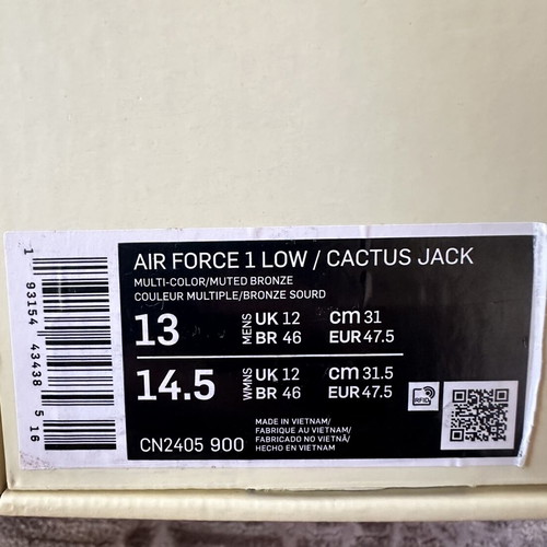 Nike Air Force 1 Cactus Jack sneakers, size 47.5, multicolor