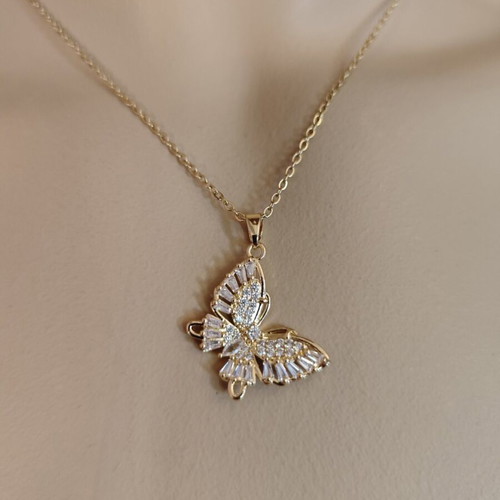 Butterfly necklace new stainless steel with strass, gold color