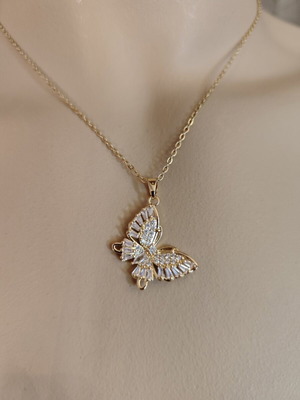 Butterfly necklace new stainless steel with strass, gold color