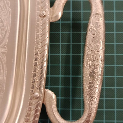 Oval silver-plated serving tray vintage used with engraved decoration