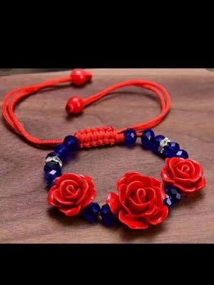 Bracelet The Red Flowers new with blue beads and red flowers