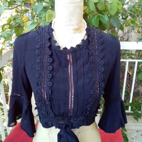 For Love & Lemons crop top blouse used, roomy Small, black