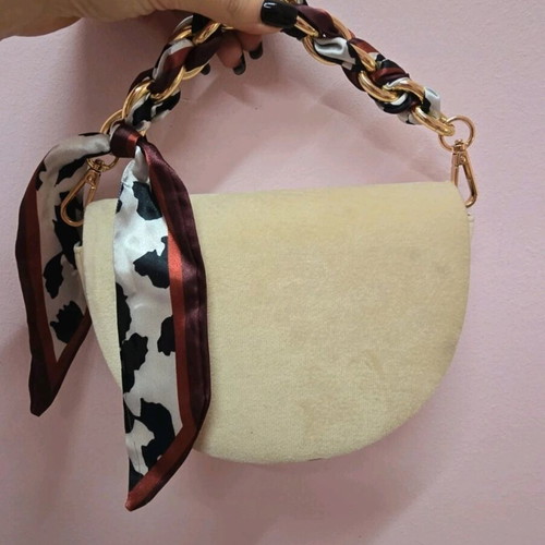 Beige suede bag new with chain and scarf