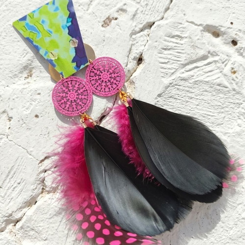 Earrings with Pink and Black Feathers new