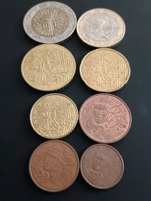 Complete set of France euro coins used, 1999