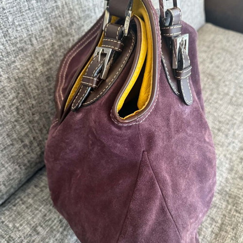 KEM suede and leather handbag used, purple and yellow