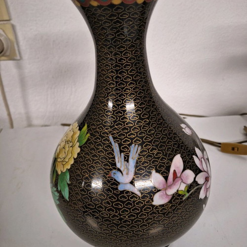 Pair of used cloisonné lamps 37 cm with enamel and wooden bases