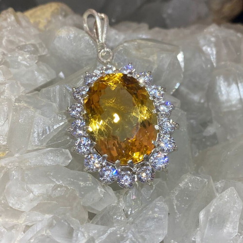 Silver pendant with large cut citrine stone and moissanites, new