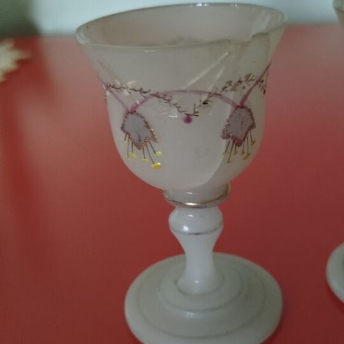 Opaline French liqueur glasses used, set of 2, 19th century