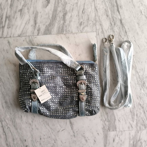 Small denim bag with rhinestones and crossbody strap new blue