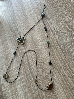 Boho long necklace with black cord, butterfly and turtle charms