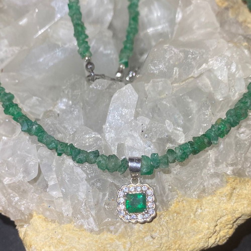 Handmade necklace with natural emeralds and moissanites, silver 925