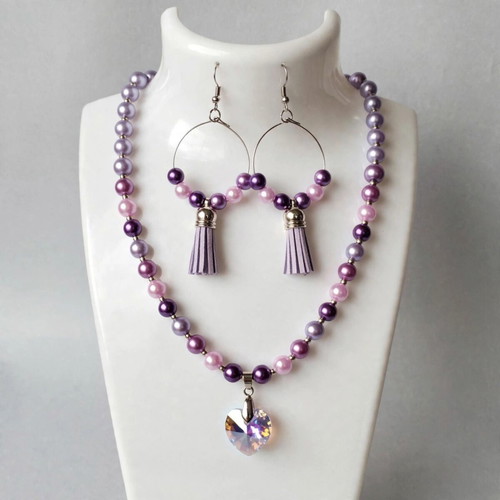 Purple beaded necklace and earrings set