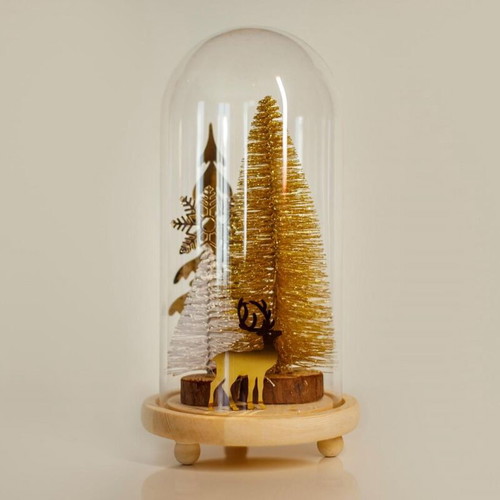 Glass bell like new with wooden base and Christmas decorations 25cm