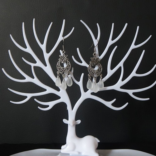 Handmade earrings new, white and silver, 4 cm height