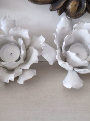 Candlesticks used, pack of 2 white rose petal design from Switzerland