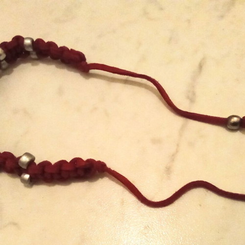 Handmade suede bracelet like new, red with silver beads