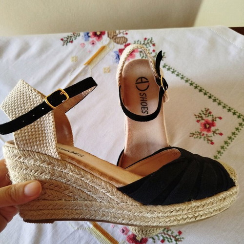 BC women's espadrilles new, black suede with straw material