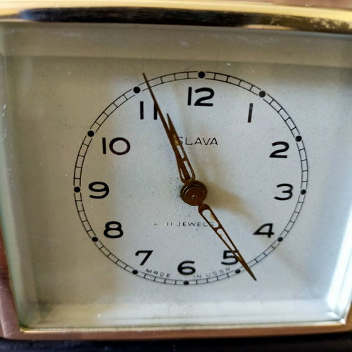 Slava mechanical table clock used, analog display