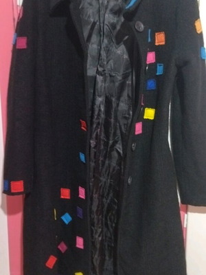 Long women's mid-length coat new, black with multicolor details