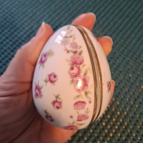 Porcelain decorative container used, small egg with pink flowers