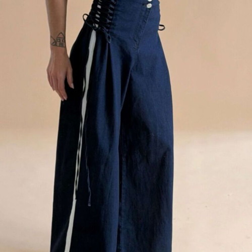 Meet to you Wide Leg Denim Jeans with Adjustable Waist, New, Blue
