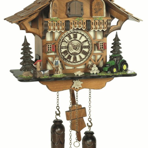 Cuckoo clock with handmade alpine house, music, pendulum, well, tractor and boy with deer, new