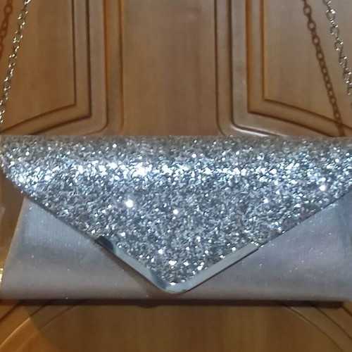 Silver evening clutch bag with glitter and chain, new