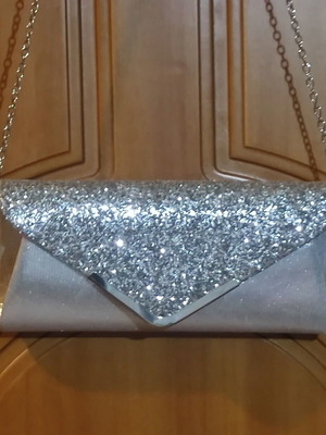 Silver evening clutch bag with glitter and chain, new